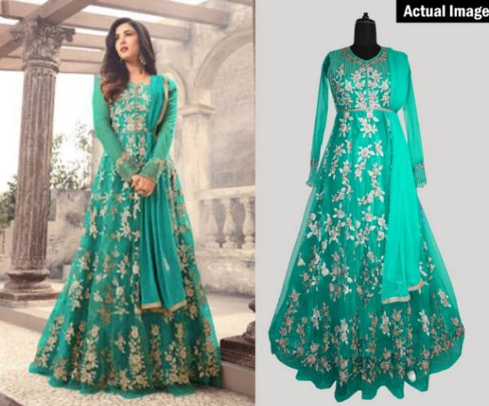 Women's Embroidered Heavy Net Gown with Bottom & Dupatta