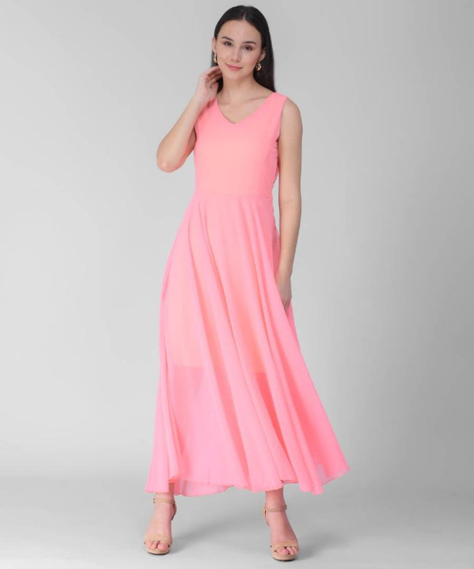 Women's Pink V-Neck Long Dress - SVB Ventures 