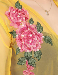 Stylish Net Embroidered 3/4th Sleeve Yellow Shrug For Women