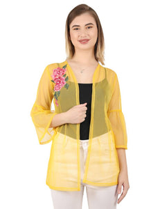 Stylish Net Embroidered 3/4th Sleeve Yellow Shrug For Women