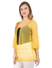 Load image into Gallery viewer, Stylish Net Embroidered 3/4th Sleeve Yellow Shrug For Women