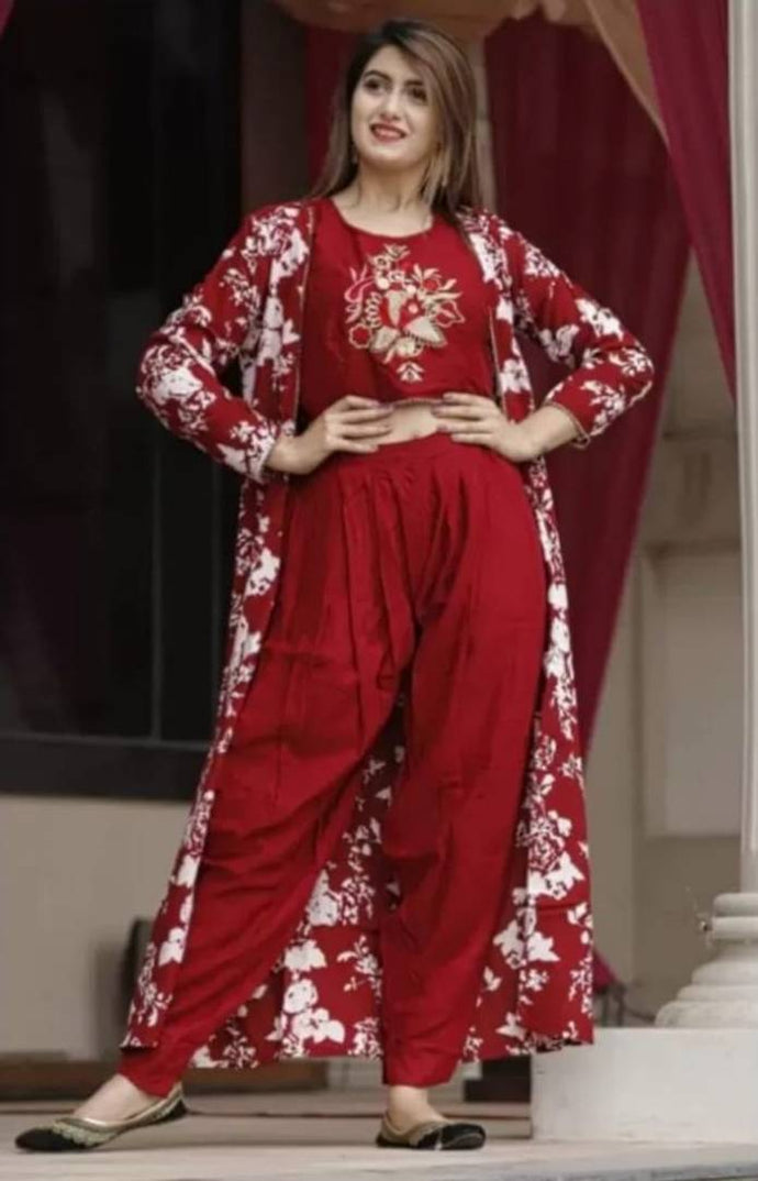 Women's Stylish Embroidered Sleeveless Crop Top with Plain Dhoti Pant and Floral Printed Jacket Shrug
