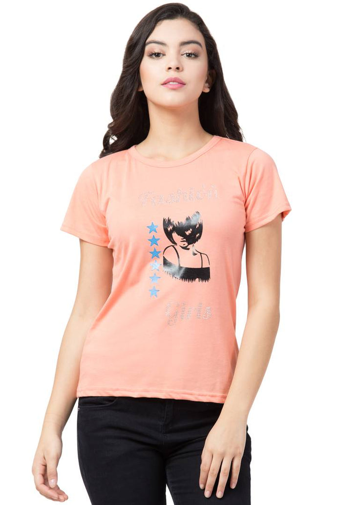 Stylish Orange Cotton Blend Printed T-Shirt For Women - SVB Ventures 