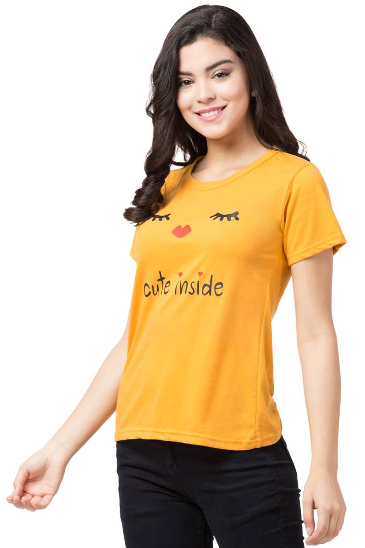 Stylish Yellow Cotton Blend Printed T-Shirt For Women - SVB Ventures 