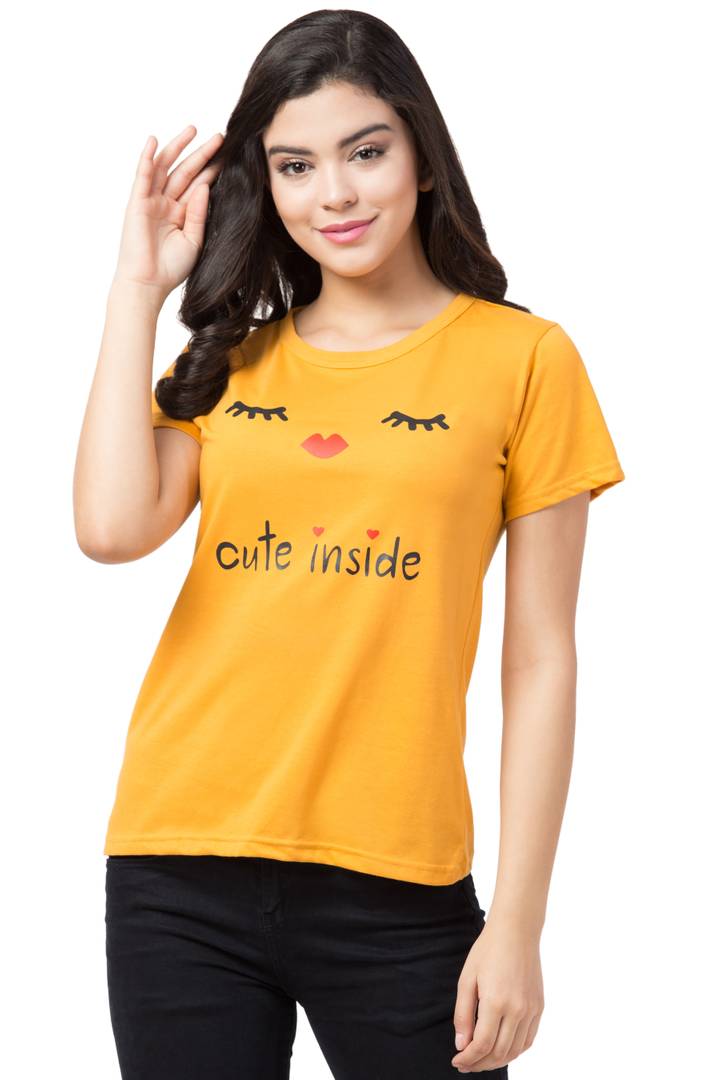 Stylish Yellow Cotton Blend Printed T-Shirt For Women - SVB Ventures 