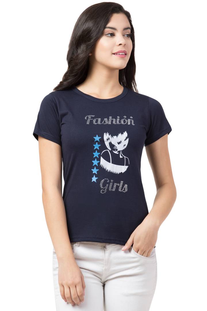 Stylish Blue Cotton Blend Printed T-Shirt For Women - SVB Ventures 