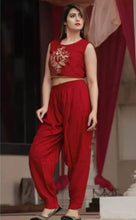 Load image into Gallery viewer, Women&#39;s Stylish Embroidered Sleeveless Crop Top with Plain Dhoti Pant and Floral Printed Jacket Shrug