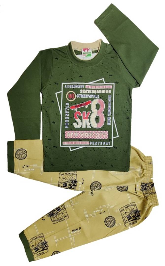 Kids Round Neck T-Shirt With Satin Pant (Olive)