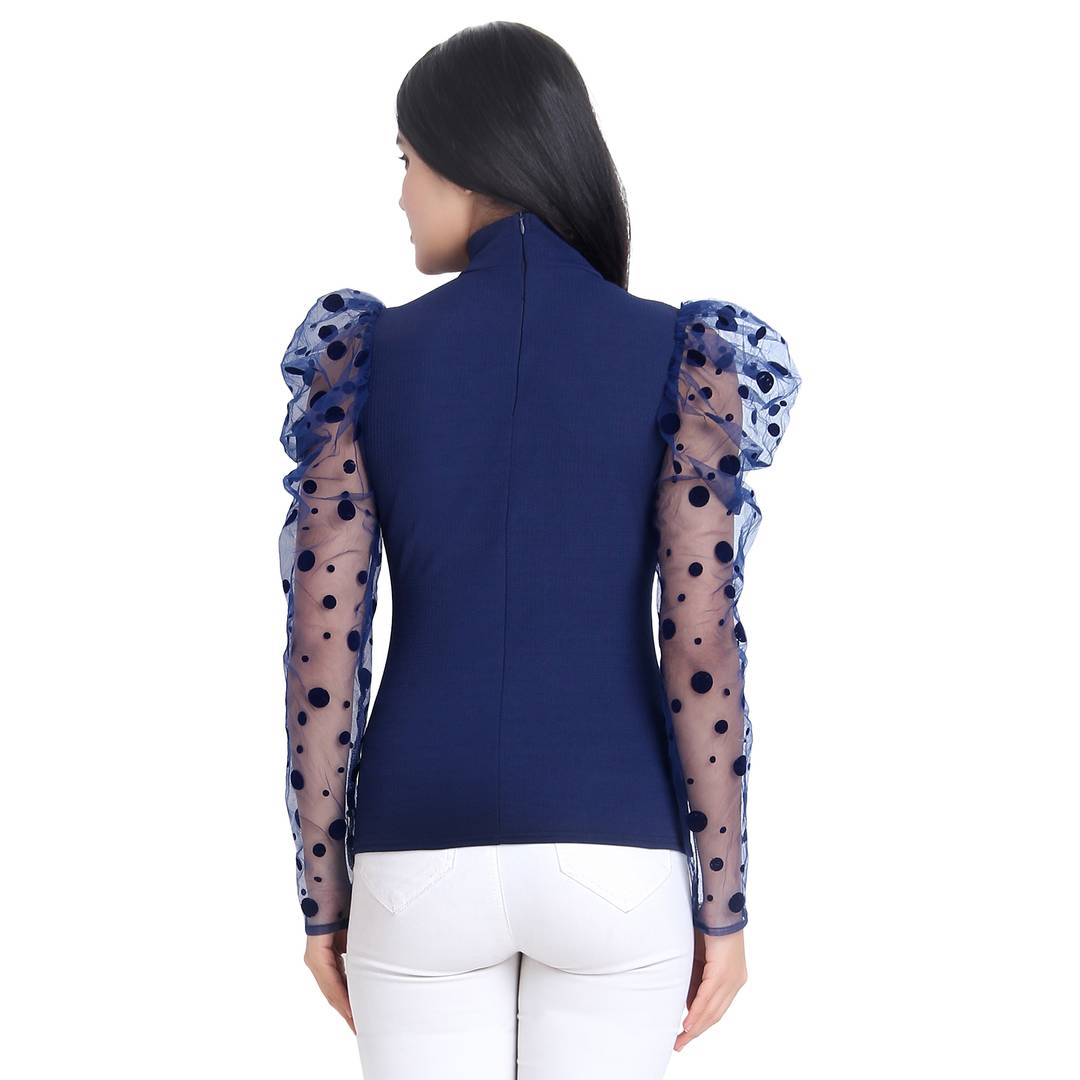 Navy Blue Carrera Polka Dot Net Top For Women