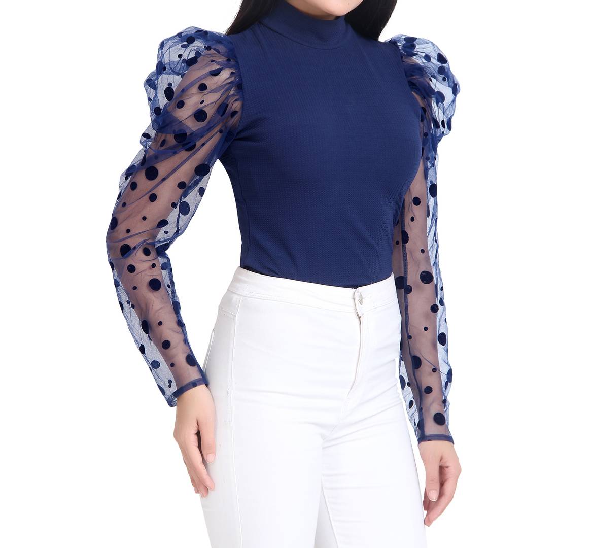 Navy Blue Carrera Polka Dot Net Top For Women