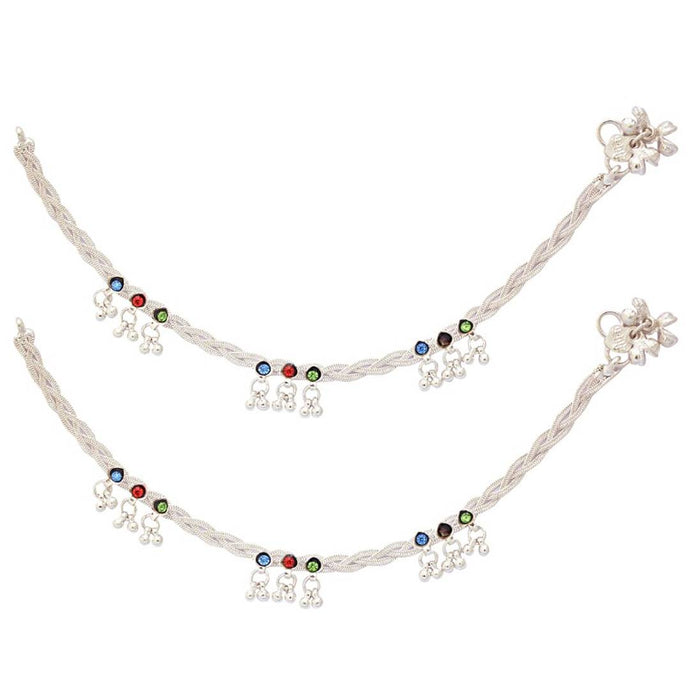 Rope Designed Brass Silver with Multi Color Stone Anklets