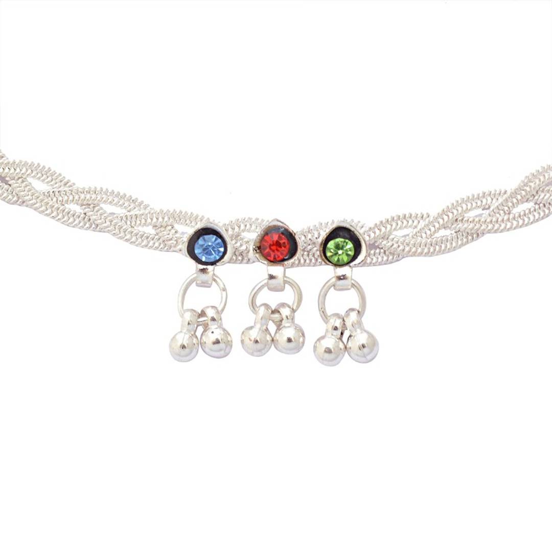 Rope Designed Brass Silver with Multi Color Stone Anklets