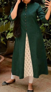 Elegant Green Solid Cotton A-Line Kurti For Women