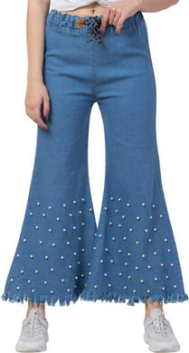 Women's Stylish Blue Embellished Denim Mid-Rise Jeans