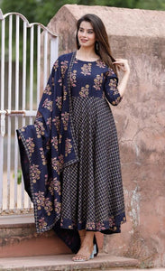 Stylish Rayon Digital Printed Gown with Dupatta For Women