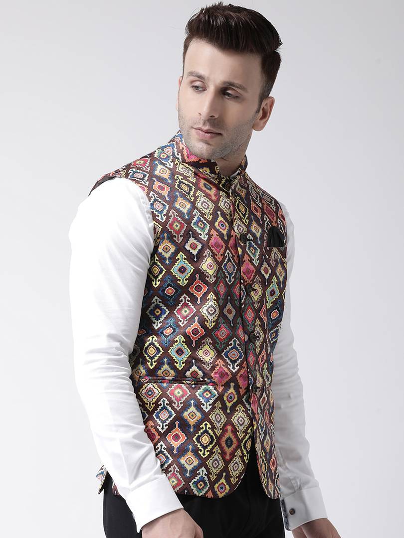 Elite Brown Polyester Viscose Printed Ethnic Waistcoat For Men