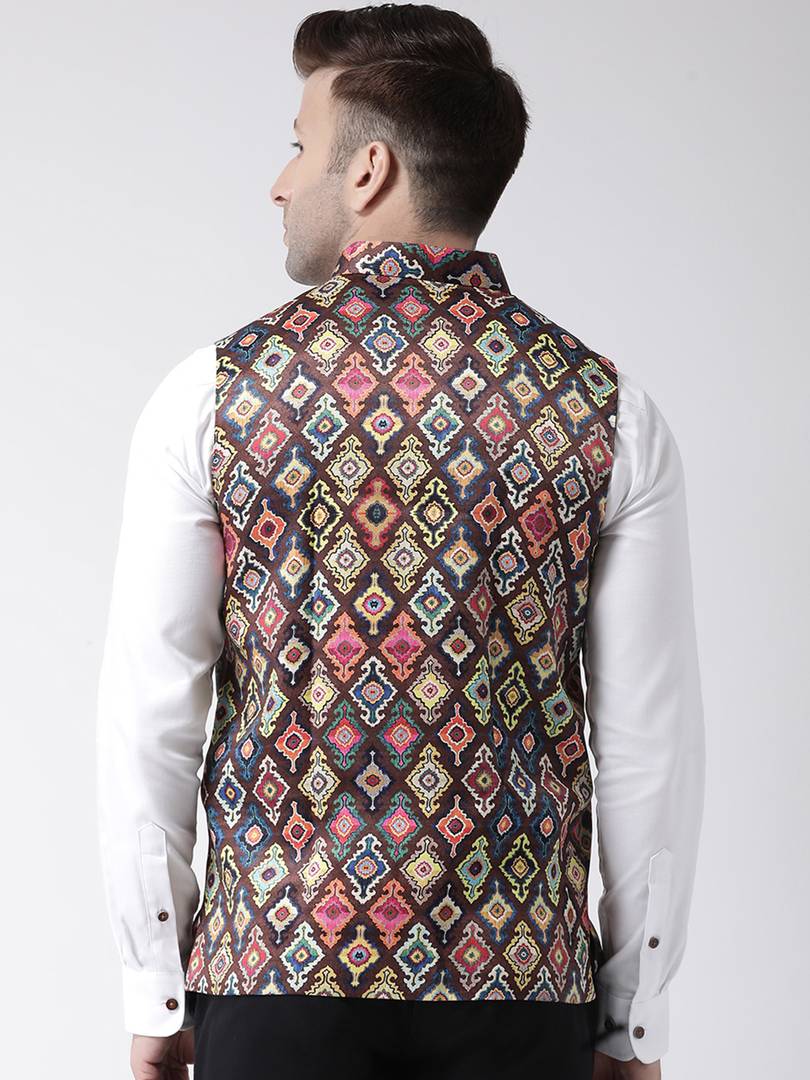 Elite Brown Polyester Viscose Printed Ethnic Waistcoat For Men