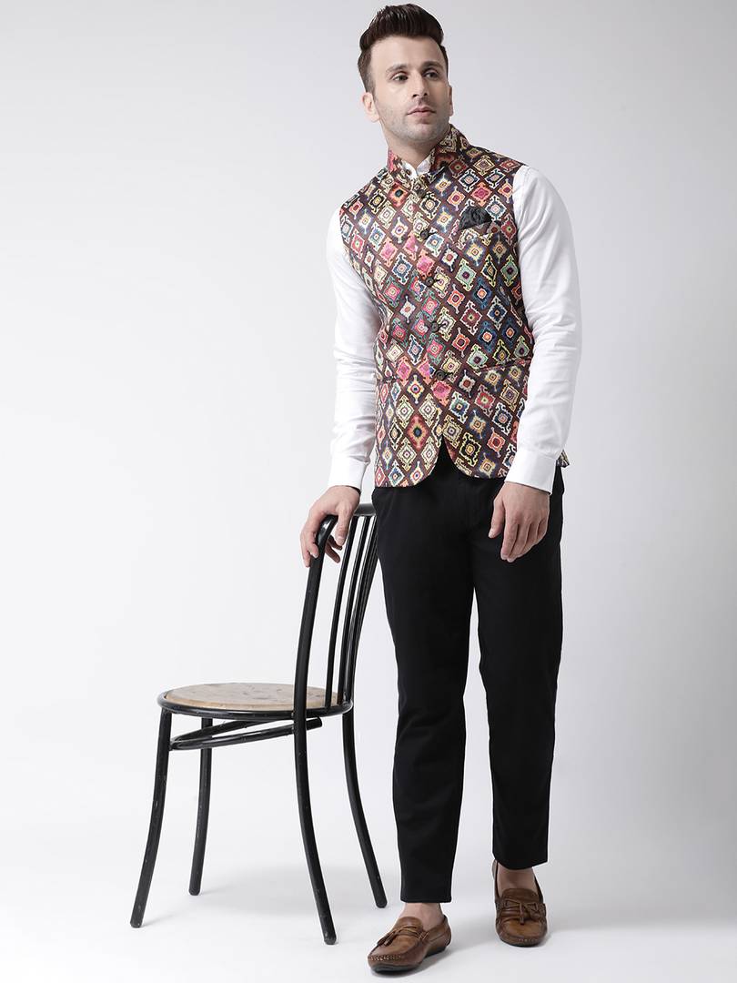 Elite Brown Polyester Viscose Printed Ethnic Waistcoat For Men