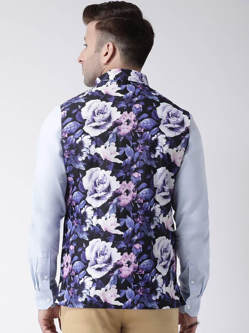 Elite Black Polyester Viscose Printed Ethnic Waistcoat For Men