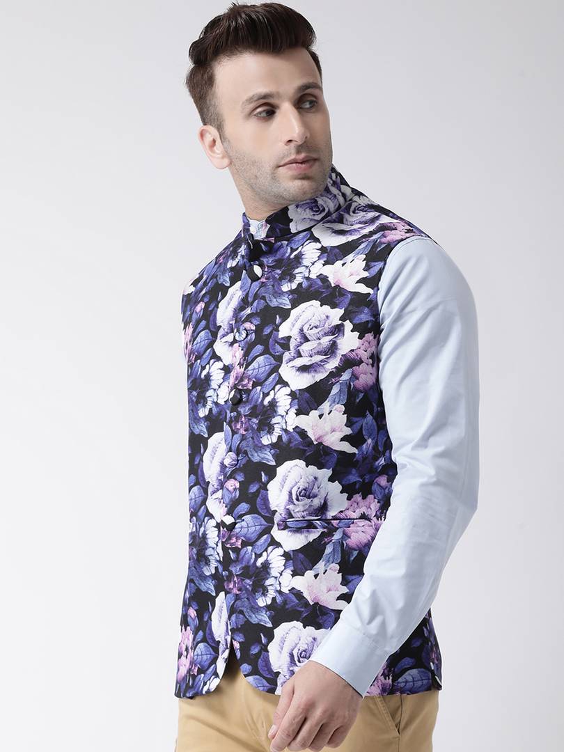 Elite Black Polyester Viscose Printed Ethnic Waistcoat For Men