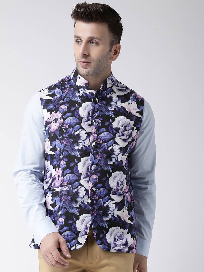 Elite Black Polyester Viscose Printed Ethnic Waistcoat For Men