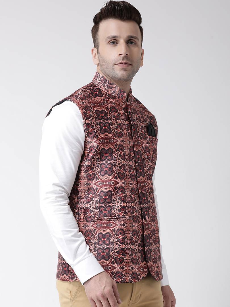 Elite Brown Polyester Viscose Printed Ethnic Waistcoat For Men