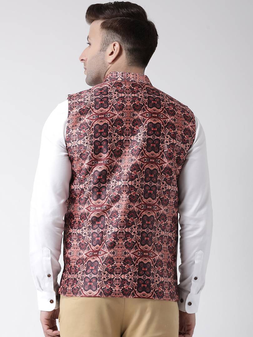 Elite Brown Polyester Viscose Printed Ethnic Waistcoat For Men