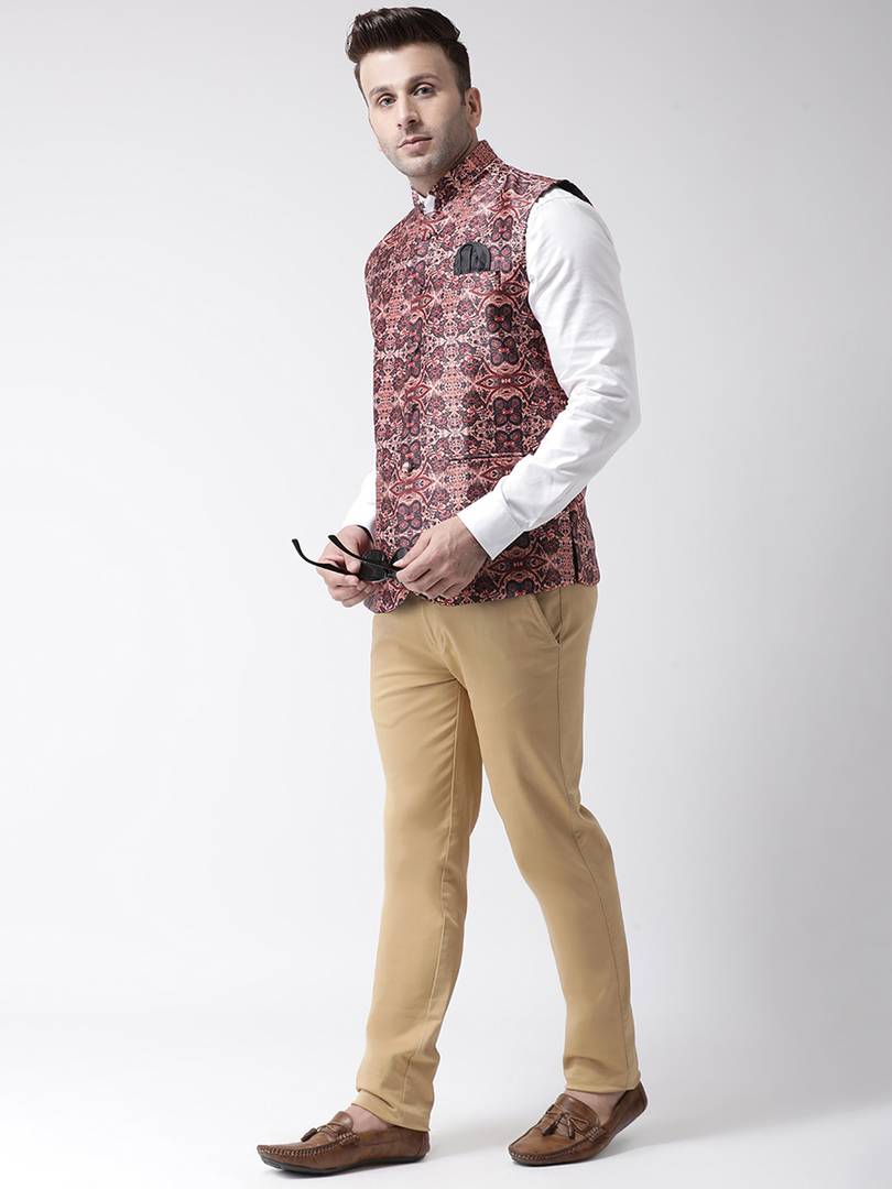 Elite Brown Polyester Viscose Printed Ethnic Waistcoat For Men