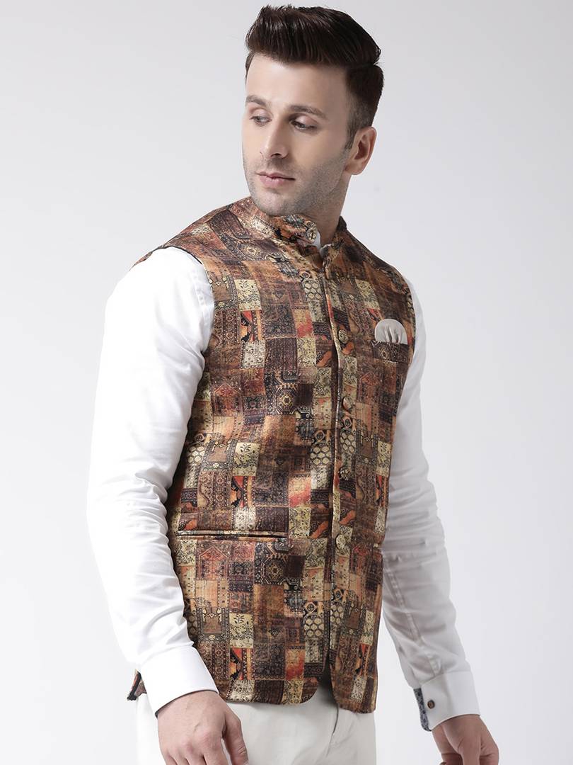 Elite Brown Polyester Viscose Printed Ethnic Waistcoat For Men