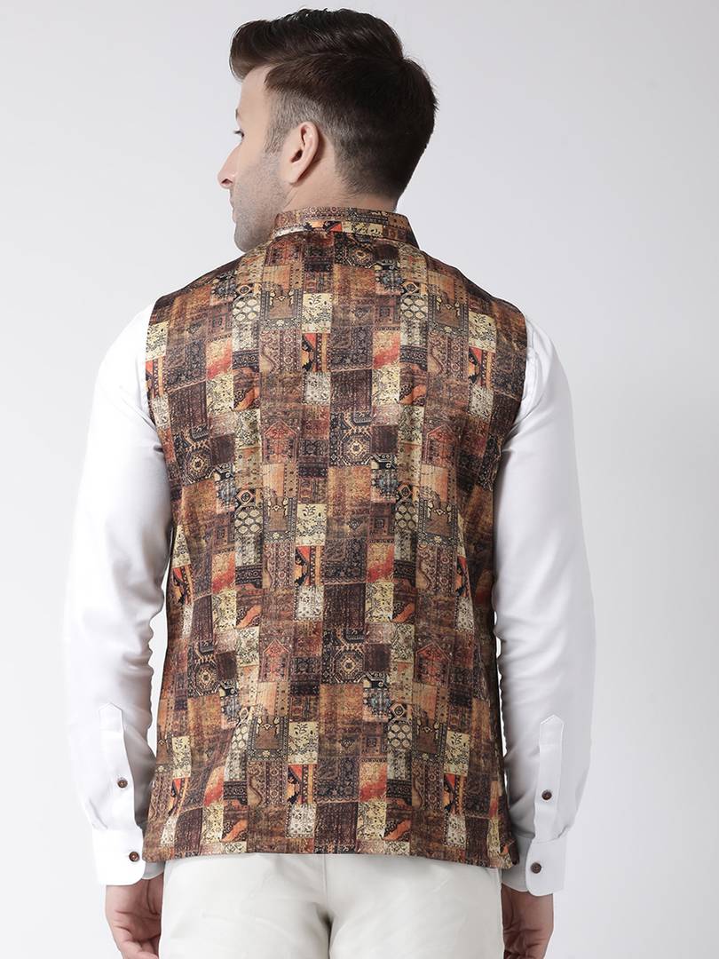 Elite Brown Polyester Viscose Printed Ethnic Waistcoat For Men