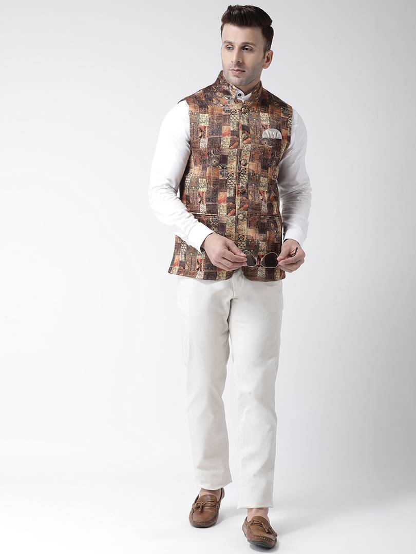Elite Brown Polyester Viscose Printed Ethnic Waistcoat For Men