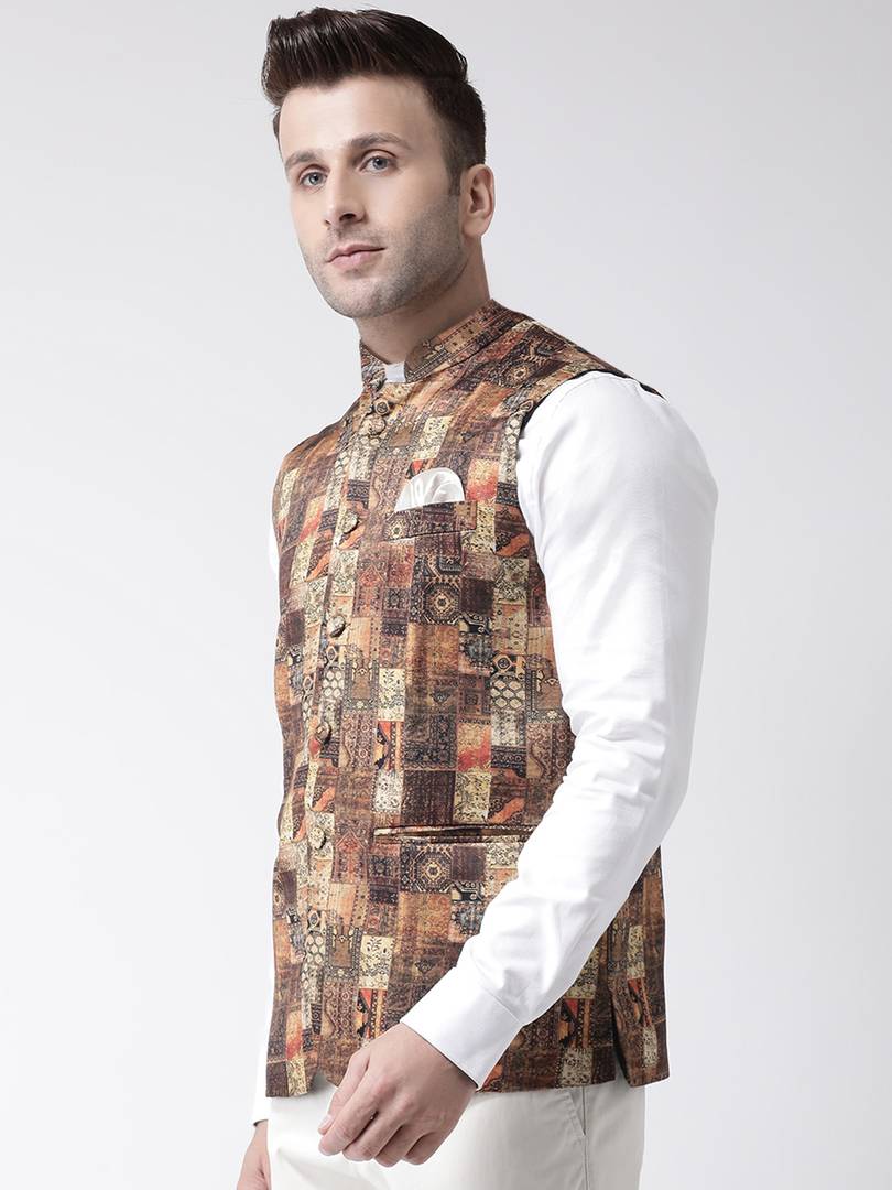 Elite Brown Polyester Viscose Printed Ethnic Waistcoat For Men