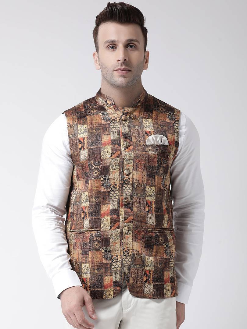 Elite Brown Polyester Viscose Printed Ethnic Waistcoat For Men