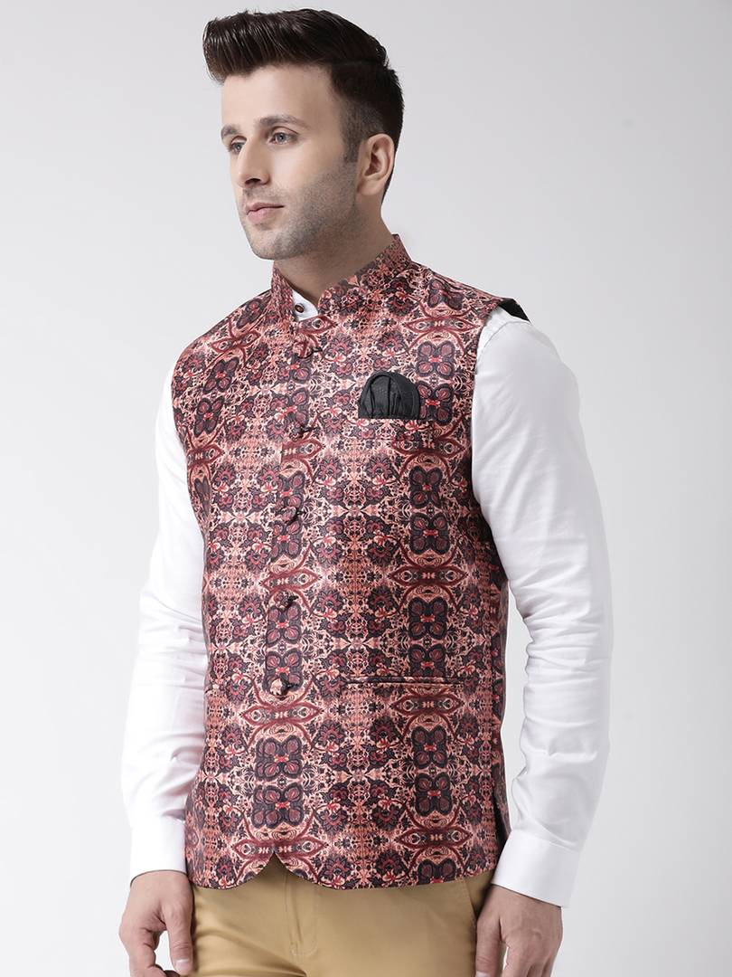 Elite Brown Polyester Viscose Printed Ethnic Waistcoat For Men