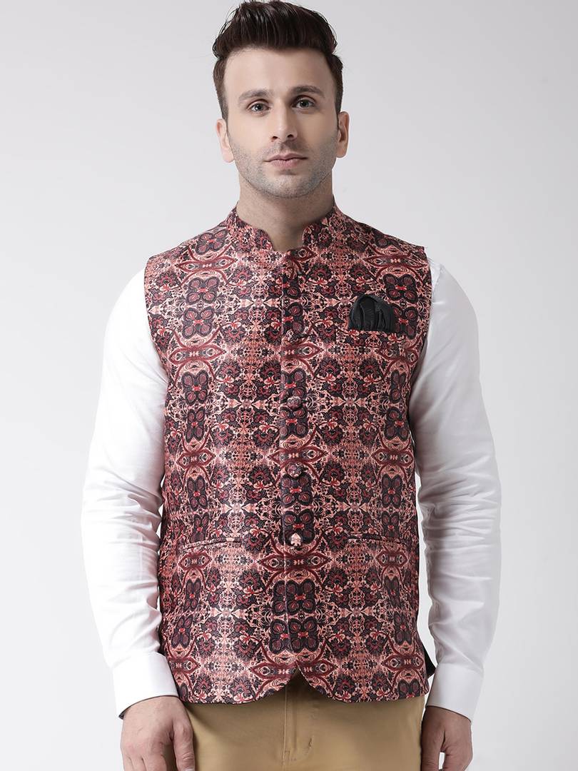 Elite Brown Polyester Viscose Printed Ethnic Waistcoat For Men