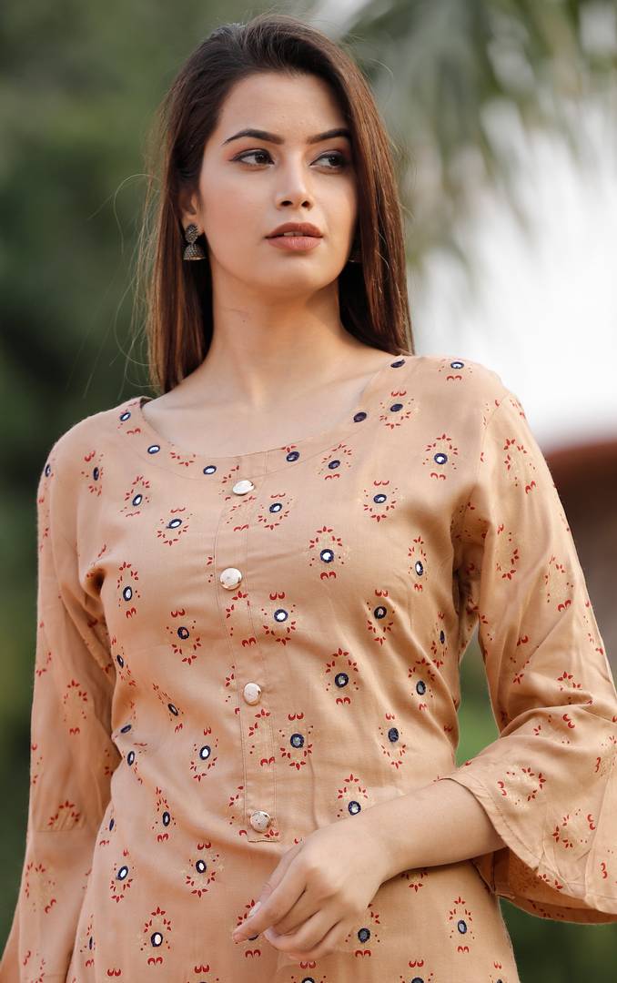 Stylish Women Embroidered And Printed  Rayon Slub Kurta And Sharara Set