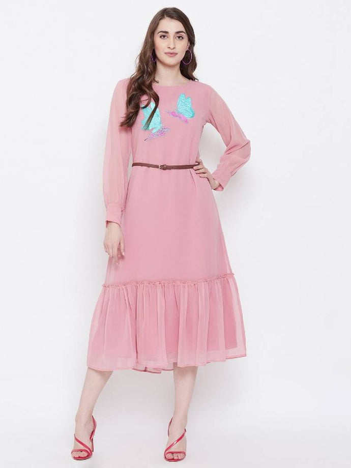 Stylish Pink Georgette Embroidered Cuff Sleeve Dress With Belt For Women