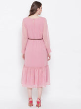 Load image into Gallery viewer, Stylish Pink Georgette Embroidered Cuff Sleeve Dress With Belt For Women