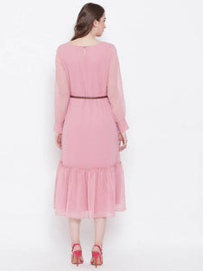 Stylish Pink Georgette Embroidered Cuff Sleeve Dress With Belt For Women