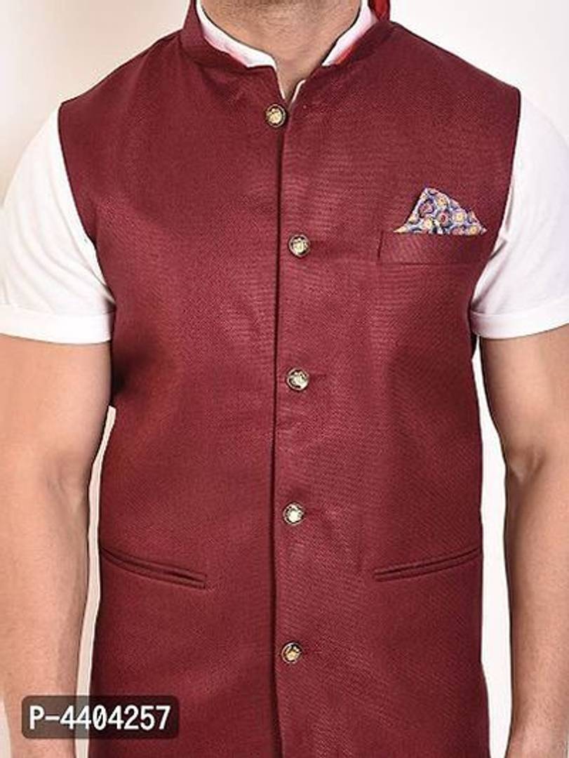 TRANOLI Fashionable Maroon Jute Solid Waistcoat For Men