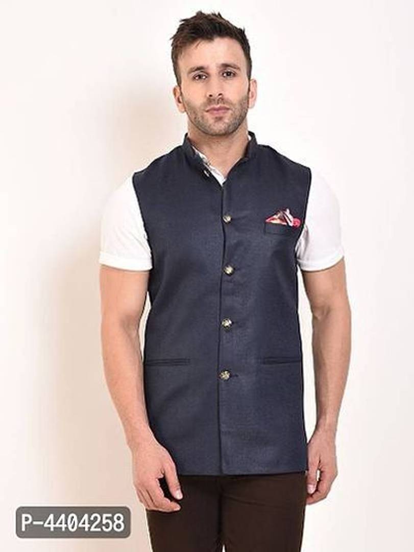 TRANOLI Fashionable Navy Blue Jute Solid Waistcoat For Men