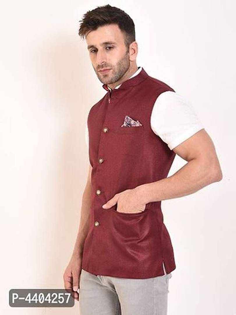 TRANOLI Fashionable Maroon Jute Solid Waistcoat For Men