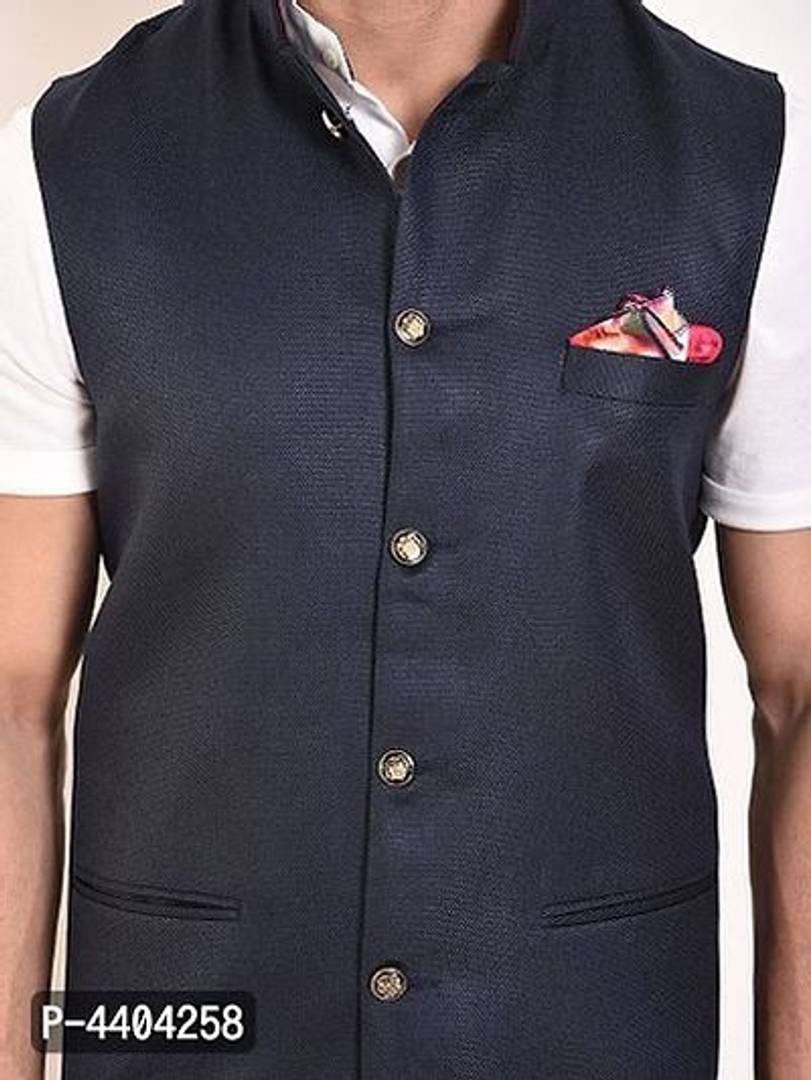 TRANOLI Fashionable Navy Blue Jute Solid Waistcoat For Men