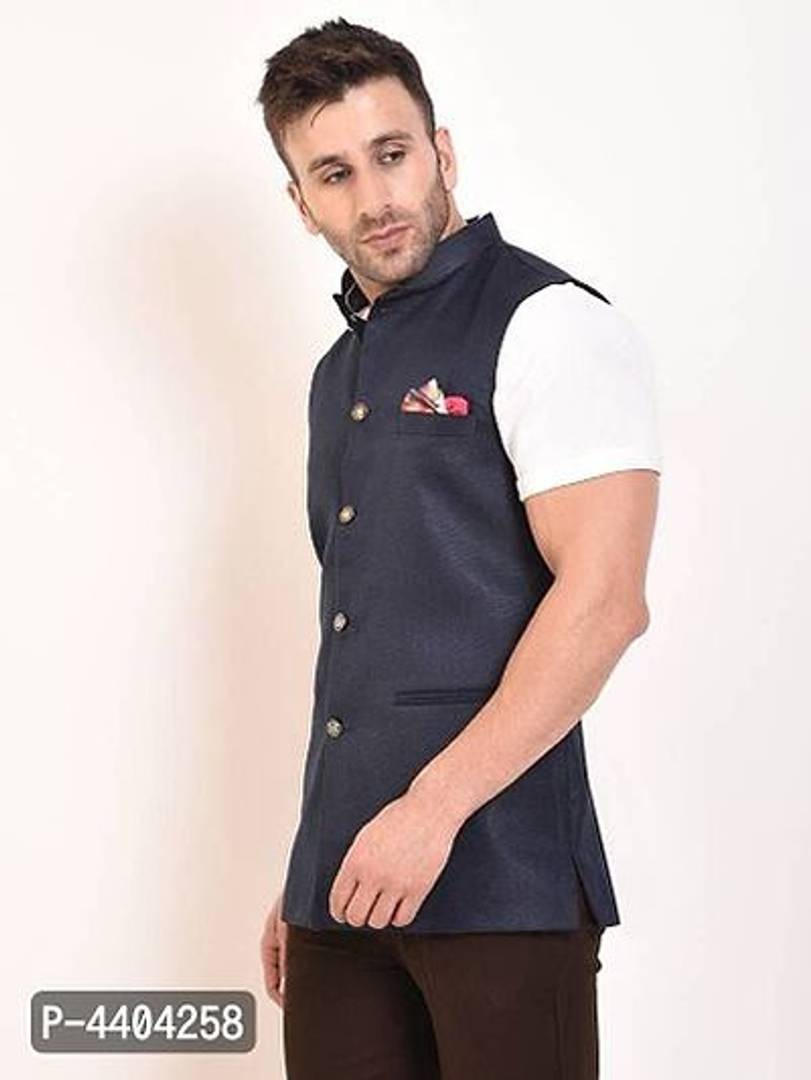 TRANOLI Fashionable Navy Blue Jute Solid Waistcoat For Men