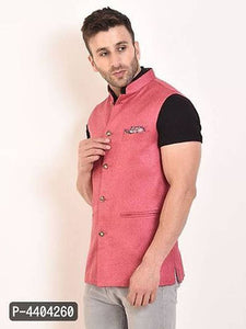 TRANOLI Fashionable Pink Jute Solid Waistcoat For Men