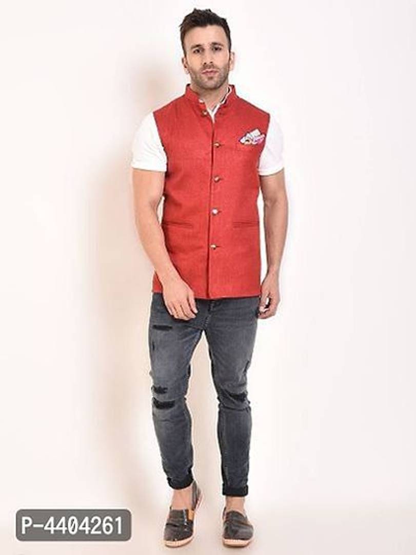 TRANOLI Fashionable Red Jute Solid Waistcoat For Men