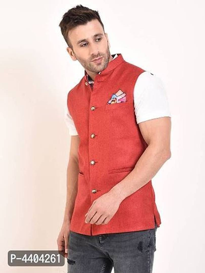 TRANOLI Fashionable Red Jute Solid Waistcoat For Men