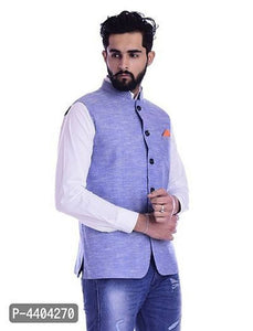 TRANOLI Fashionable Blue Khadi Cotton Solid Waistcoat For Men