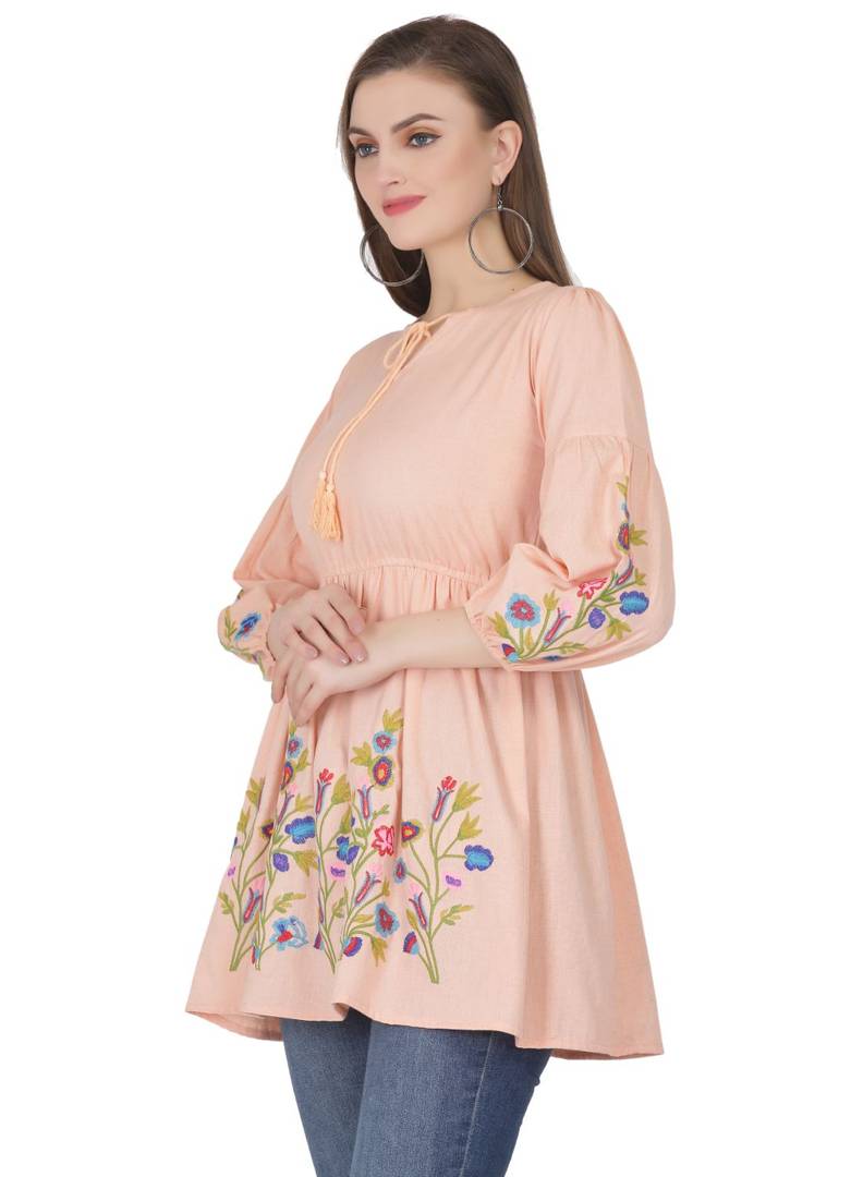 Elegant Rayon Peach Embroidered Top For Women
