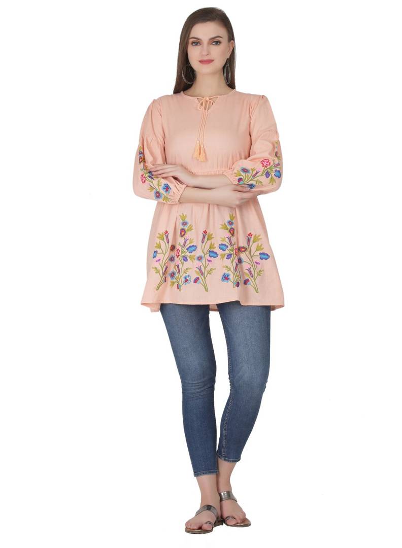 Elegant Rayon Peach Embroidered Top For Women
